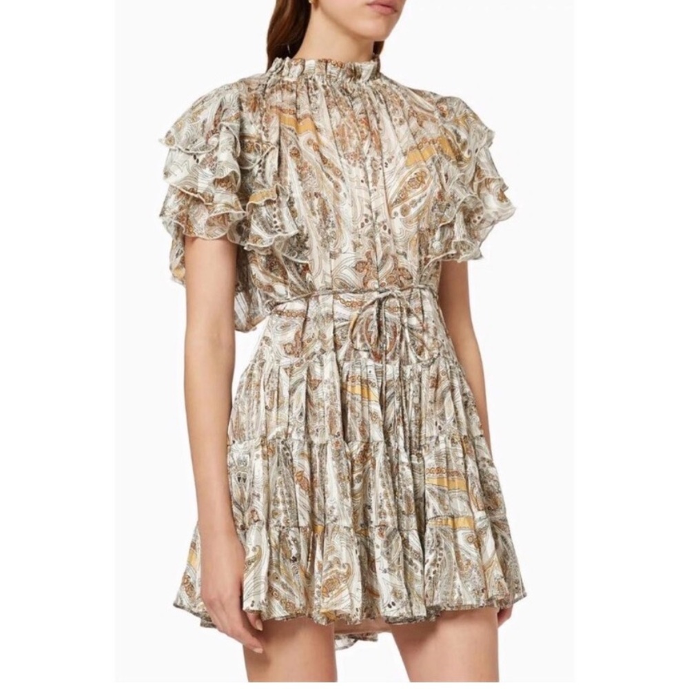 Anthropologie Elliatt Seraphina MiniDress Boho Ruffle Silver Gold Tan Brown Sz M